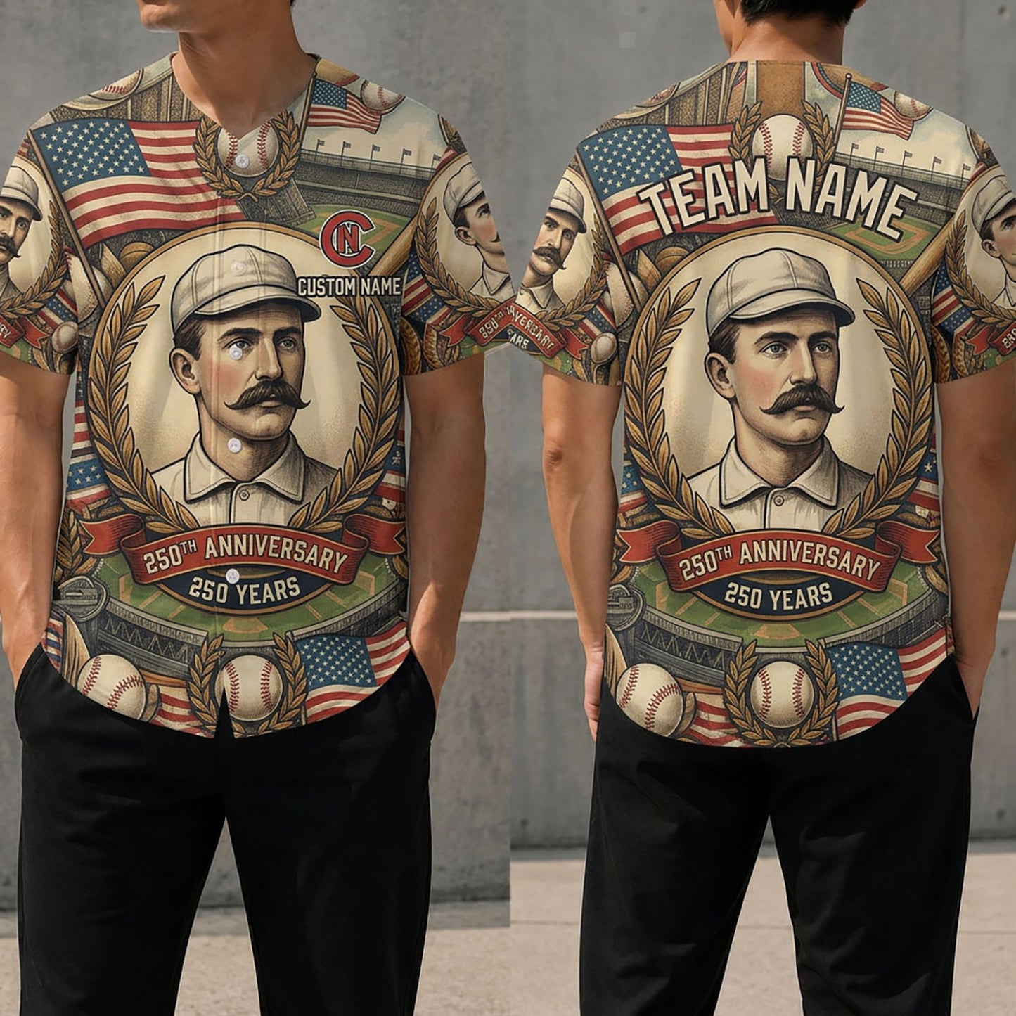 Front And Back View Of The Vintage Portrait 250th Anniversary Baseball Jersey Featuring Classic American Design Elements