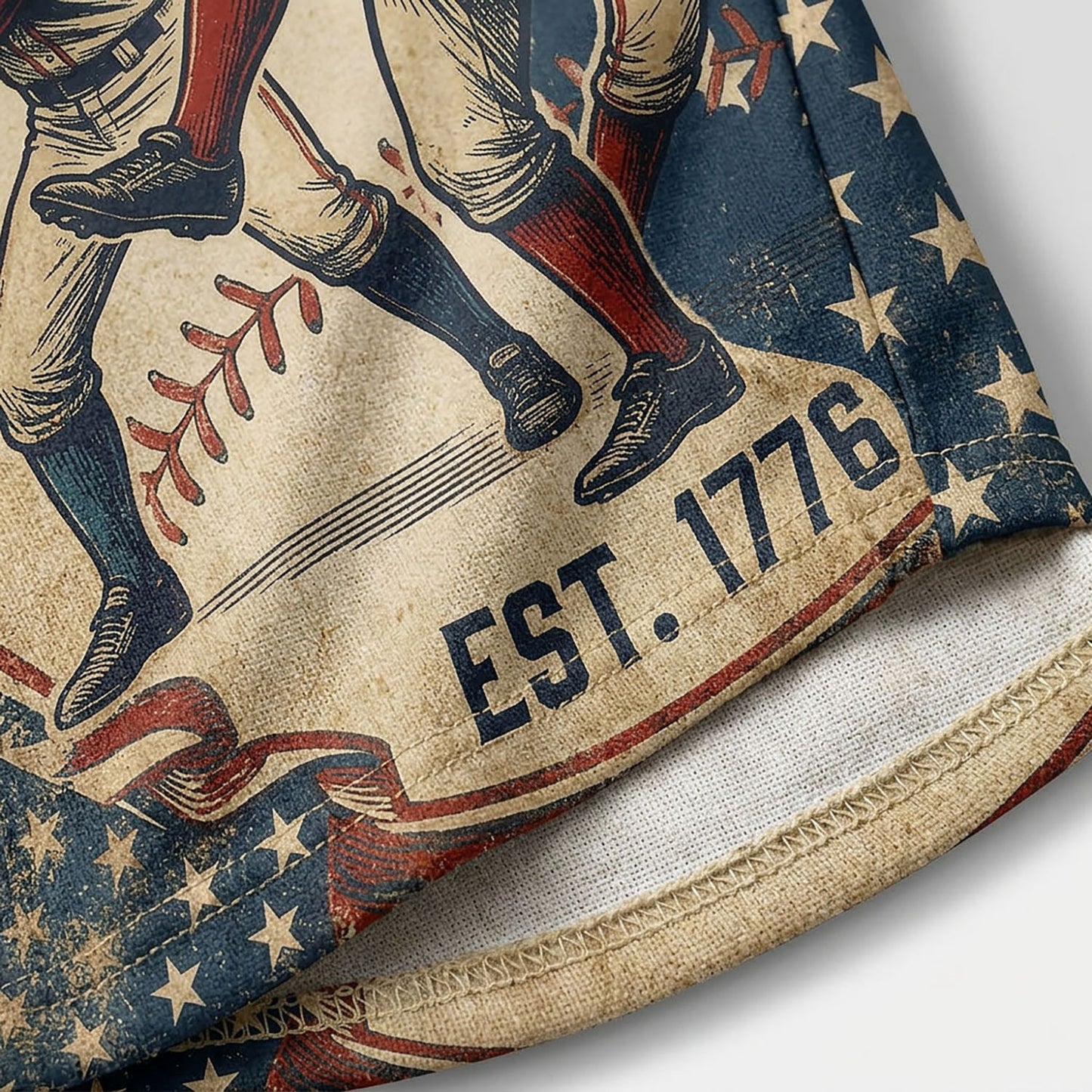 Close-Up Detail Of High-Definition Sublimation Print Showcasing The "Est. 1776" Badge On A Vintage Baseball Jersey
