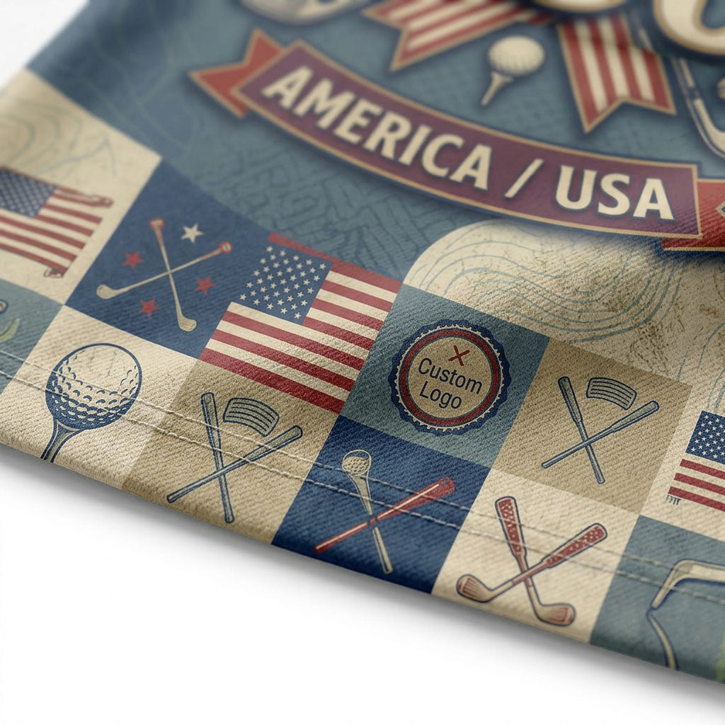 Close-up shot of the high-definition printed '250 AMERICA / USA' emblem, striped ribbon bow, and laurel wreath.