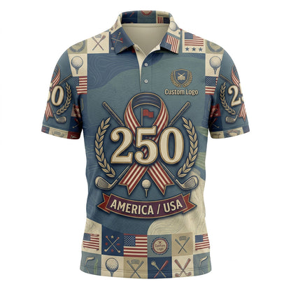 Front view of a vintage slate blue topo pattern USA America 250 ribbon golf polo shirt with custom player name option badge.