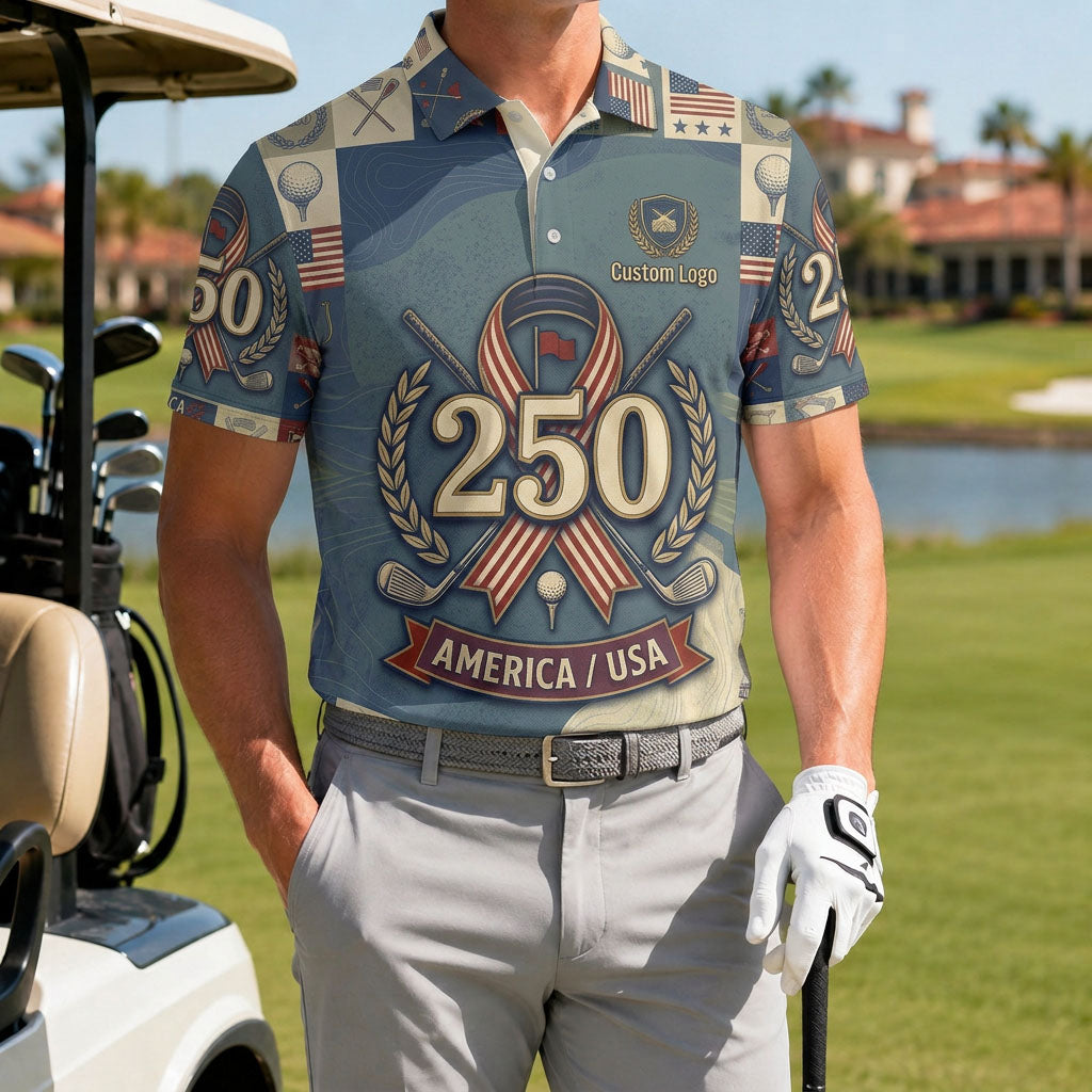 A male golfer wearing the customized USA 250 ribbon polo standing proudly on a premium country club fairway green.