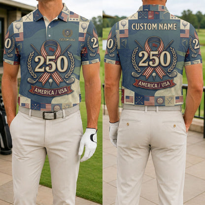 Front and back view of a personalized slate blue USA 250 ribbon polo showing the custom name printing area on the back.