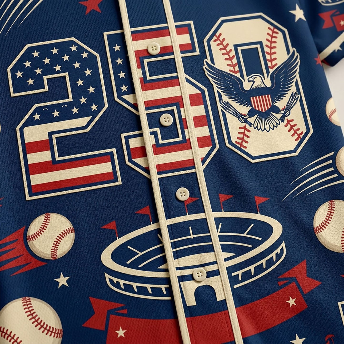Close-Up Of High-Definition Sublimation Print Showcasing The "250" Commemorative Date On A Patriotic Baseball Design