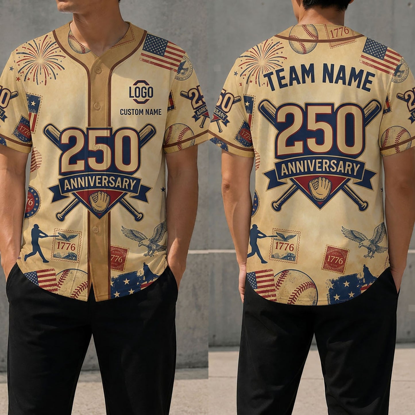 Front And Back View Of The 250th Anniversary Vintage Stamp Baseball Jersey Featuring Patriotic American Designs