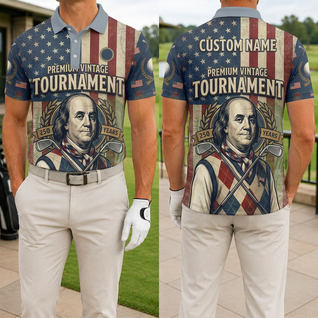 Front and back of Benjamin Franklin vintage tournament golf shirt