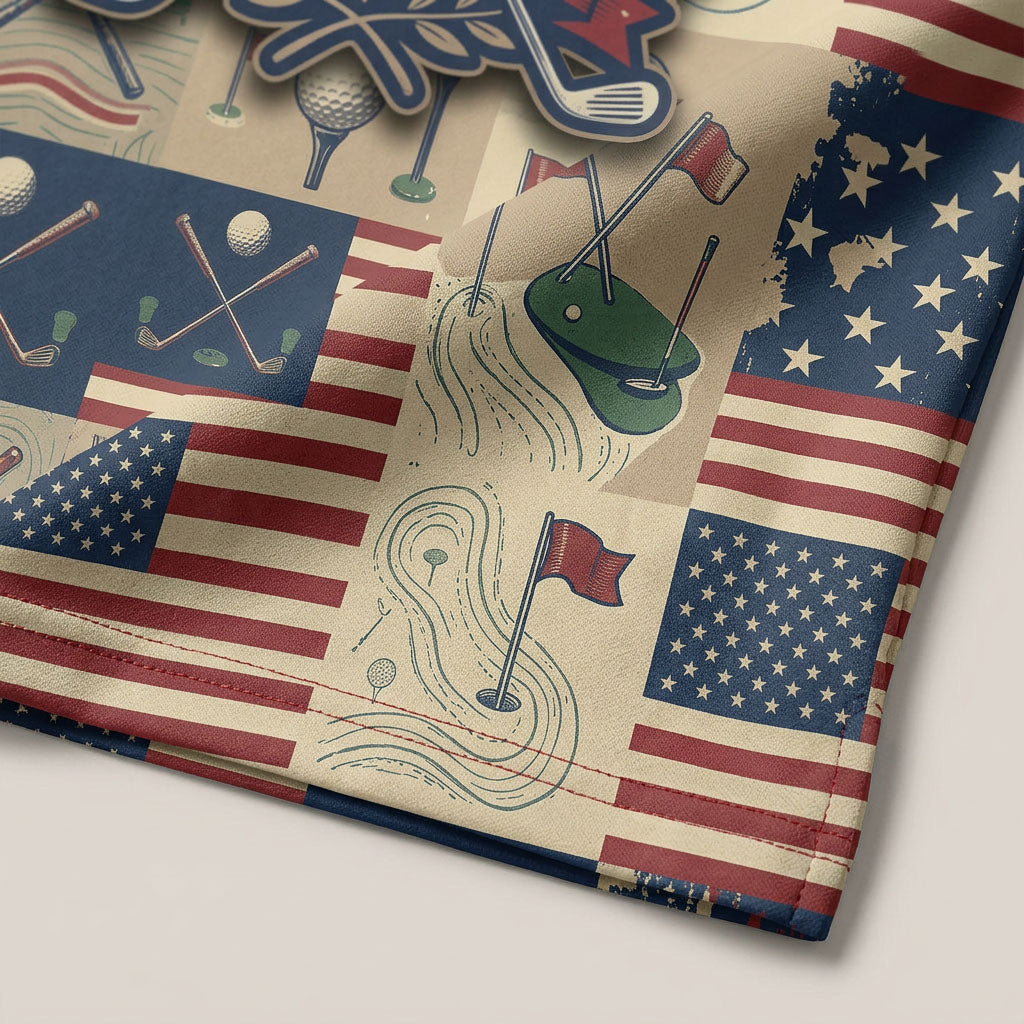 Close-up shot of the high-definition printed 'AMERICA 250 Golf Edition' laurel wreath crest and patriotic icon grid layout.