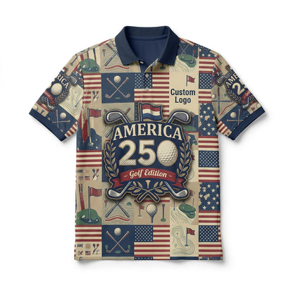 Front view of a vintage cream checkered grid USA America 250 golf polo shirt with custom player name option badge.