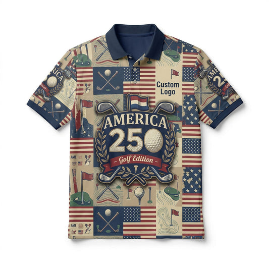 Front view of a vintage cream checkered grid USA America 250 golf polo shirt with custom player name option badge.