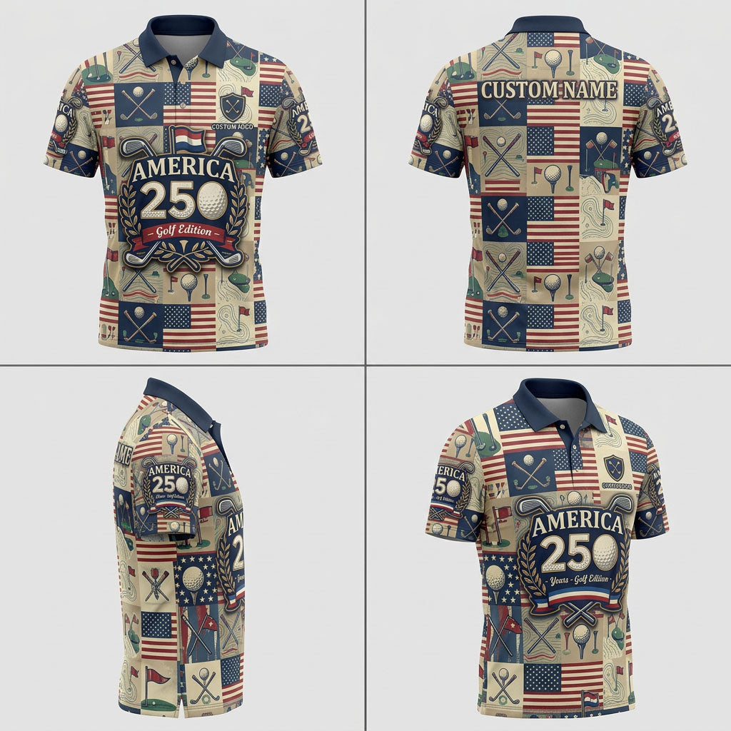 Multi-angle product display grid showcasing the checkered flag boxes, navy collar, and athletic tailored fit of the polo shirt.