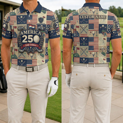 Front and back view of a personalized USA America 250 checkered grid polo showing the custom name printing area on the back.