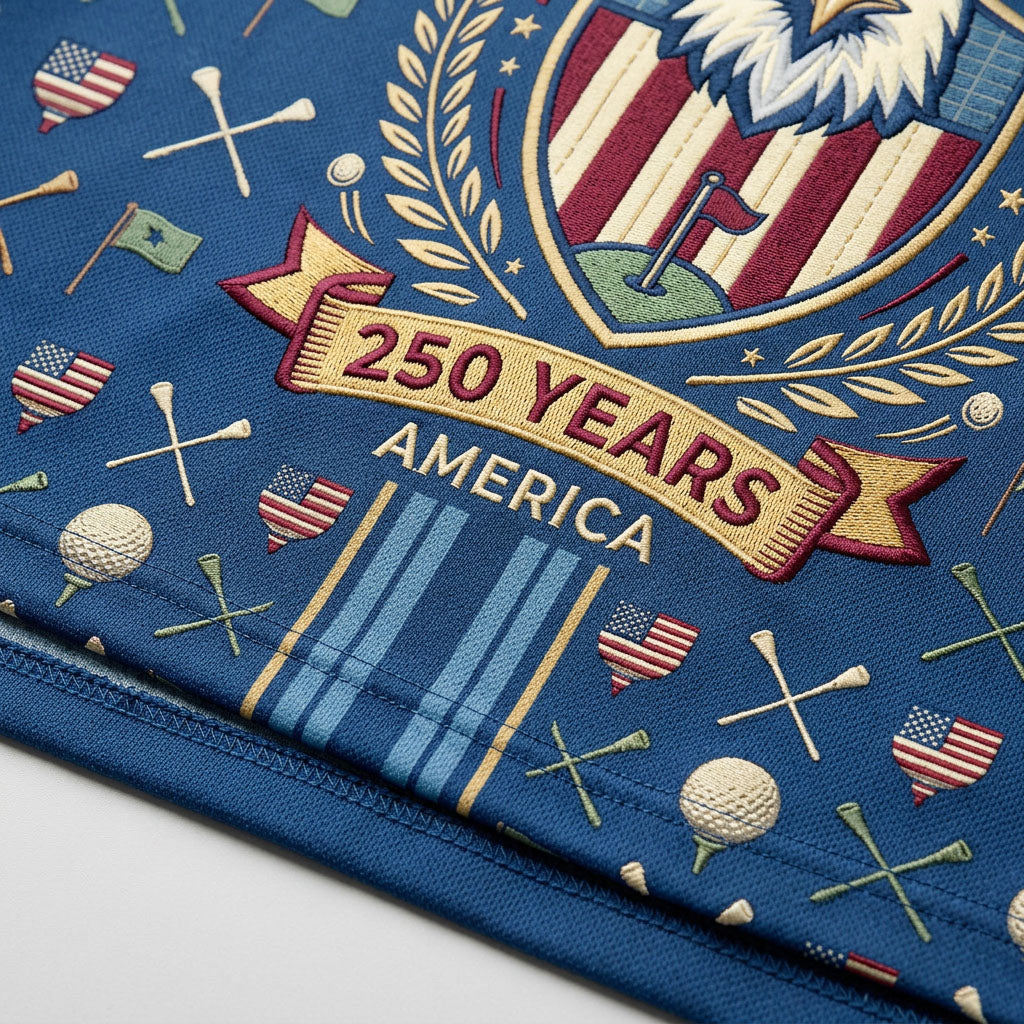 Close-up shot of the high-definition printed bald eagle circular crest, patriotic flag shield, and center racing stripes.