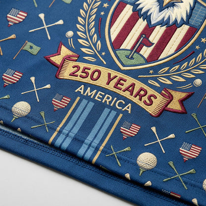 Close-up shot of the high-definition printed bald eagle circular crest, patriotic flag shield, and center racing stripes.