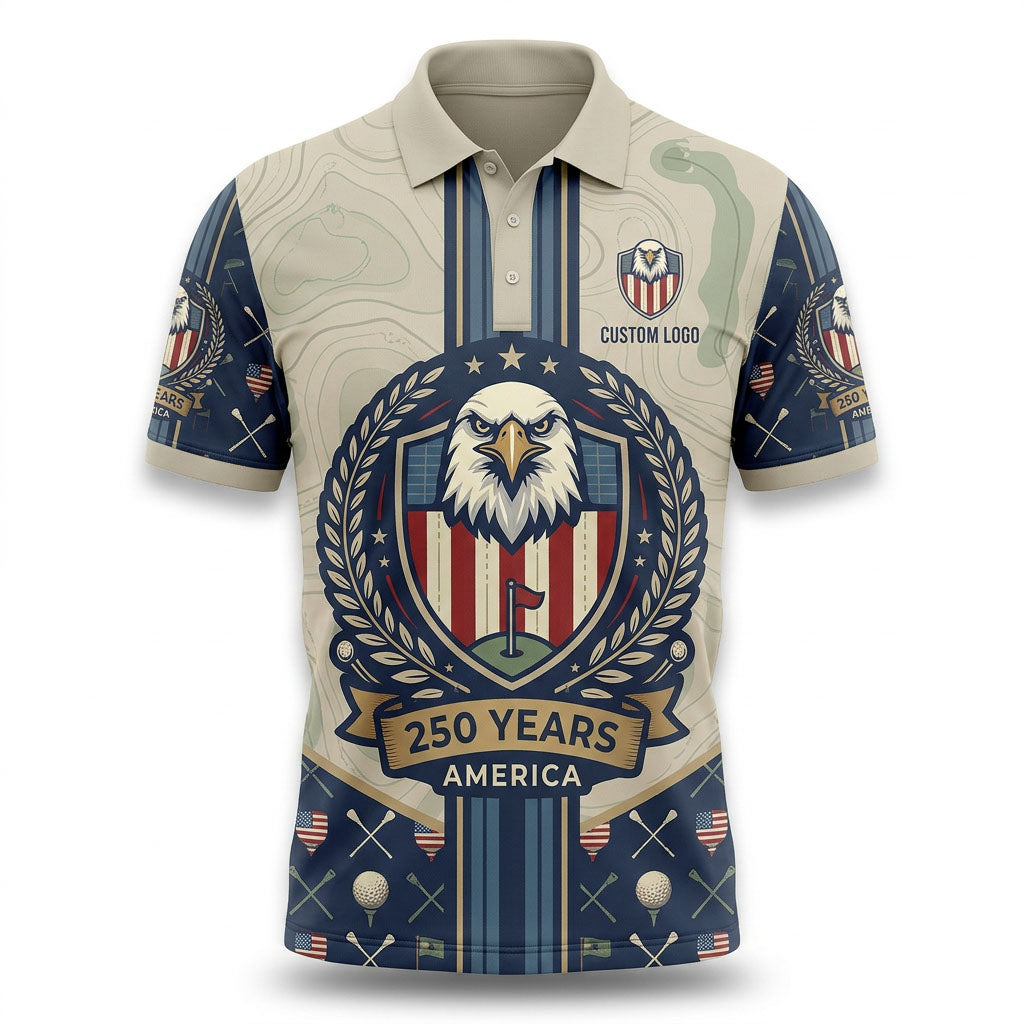 Front view of a cream and navy center stripe USA Eagle crest topographic golf polo shirt with custom player name option badge.