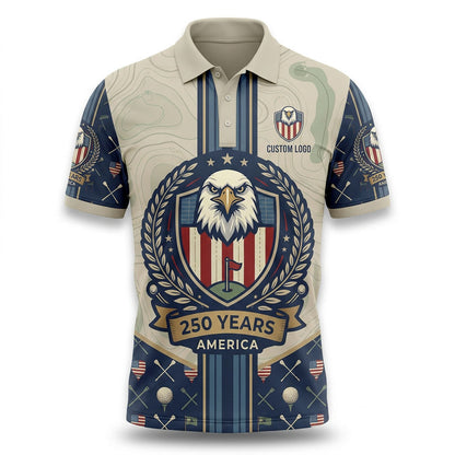 Front view of a cream and navy center stripe USA Eagle crest topographic golf polo shirt with custom player name option badge.