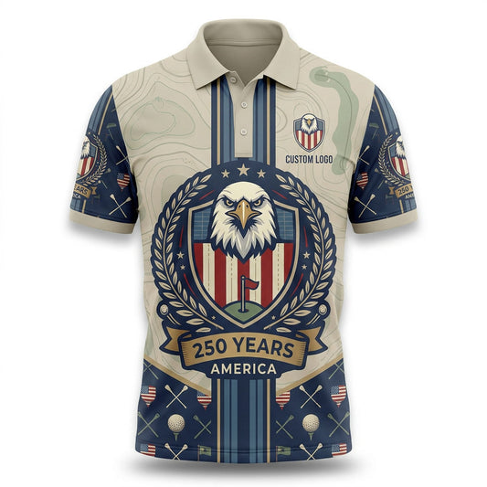 Front view of a cream and navy center stripe USA Eagle crest topographic golf polo shirt with custom player name option badge.