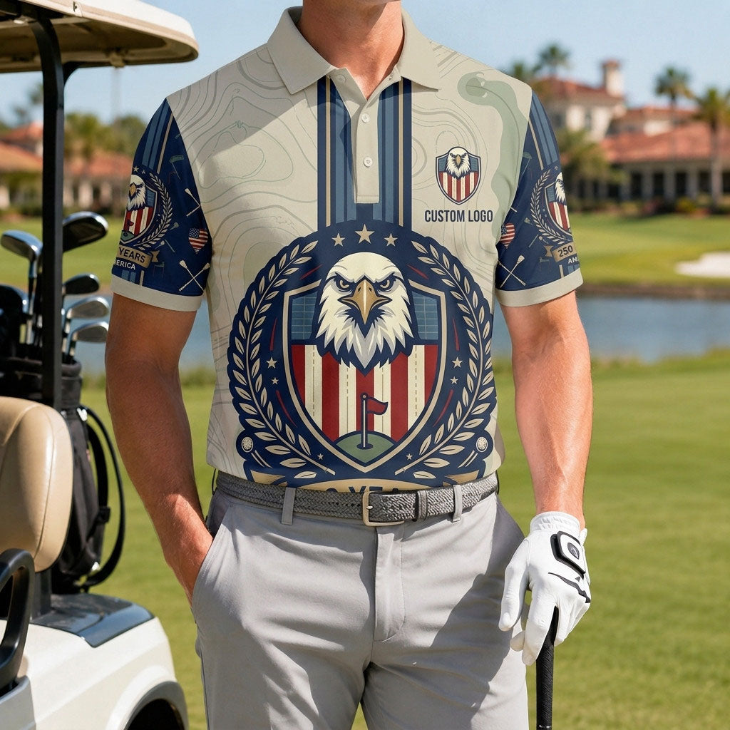 A male golfer wearing the customized USA Eagle center stripe topo polo standing proudly on a premium country club fairway green.