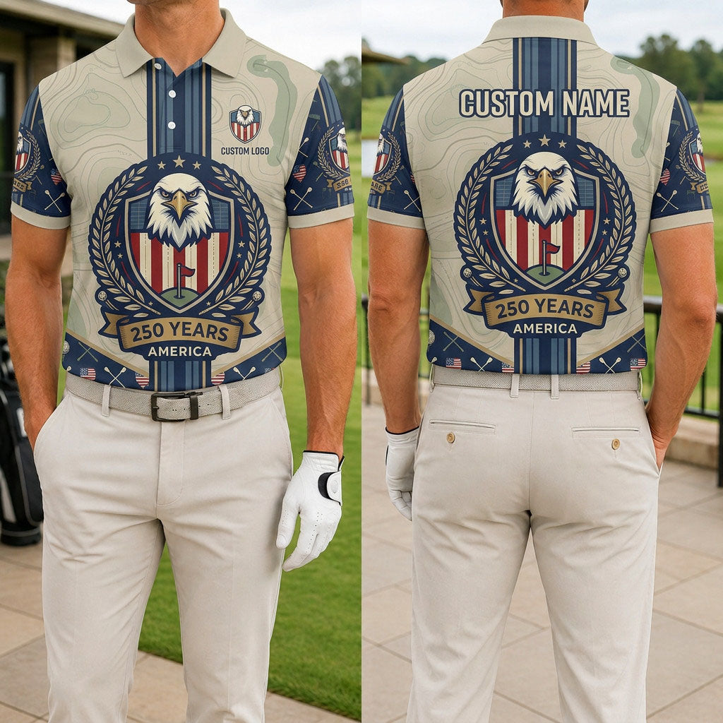 Front and back view of a personalized cream USA Eagle center stripe polo showing the custom name printing area on the back panel.