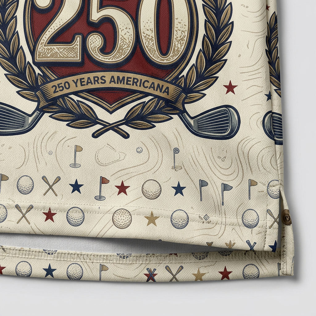 Close-up shot of the high-definition printed bald eagle crest, shield emblem with big 250 digits, and patriotic golf doodle art.