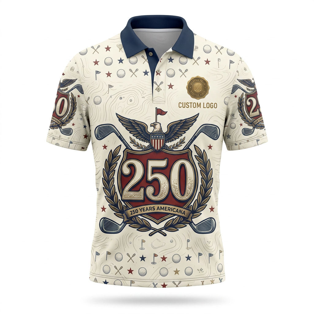 Front view of a vintage cream USA Crest Eagle America 250 topographic golf polo shirt with custom player name option badge.