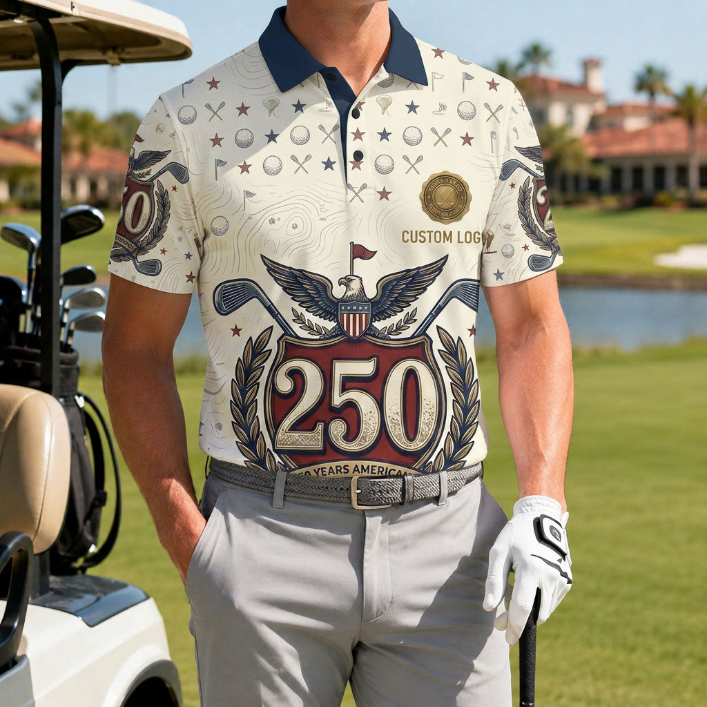 A male golfer wearing the customized USA Eagle 250 crest topo polo standing proudly on a premium country club fairway green.