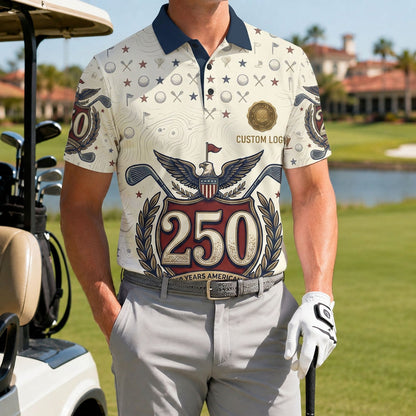 A male golfer wearing the customized USA Eagle 250 crest topo polo standing proudly on a premium country club fairway green.