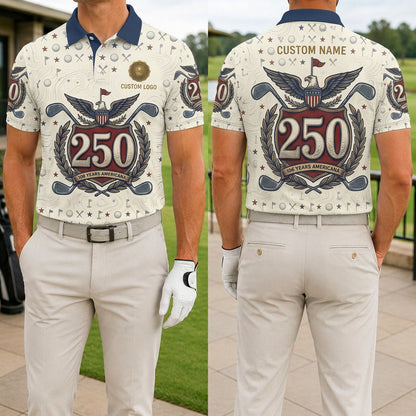 Front and back view of a personalized cream USA Eagle 250 crest polo shirt showing the custom name printing area on the back.