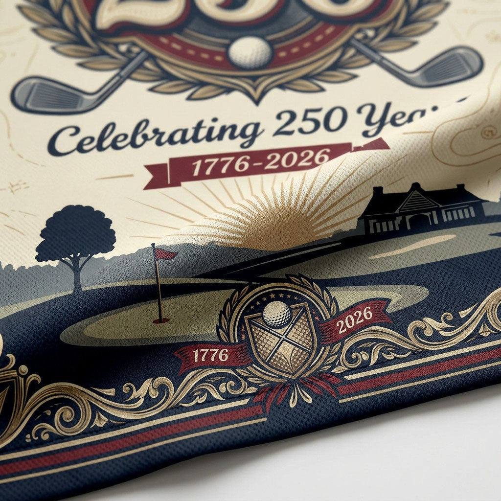 Close-up shot of the high-definition printed bald eagle crest, large 250 anniversary round emblem, and premium navy sleeve graphics.