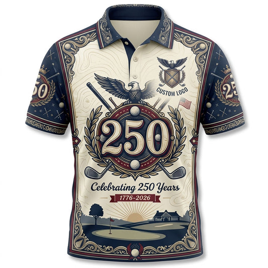 Front view of a vintage cream and navy ornamental USA Crest Eagle 250th anniversary topographic golf polo shirt with custom player name option.