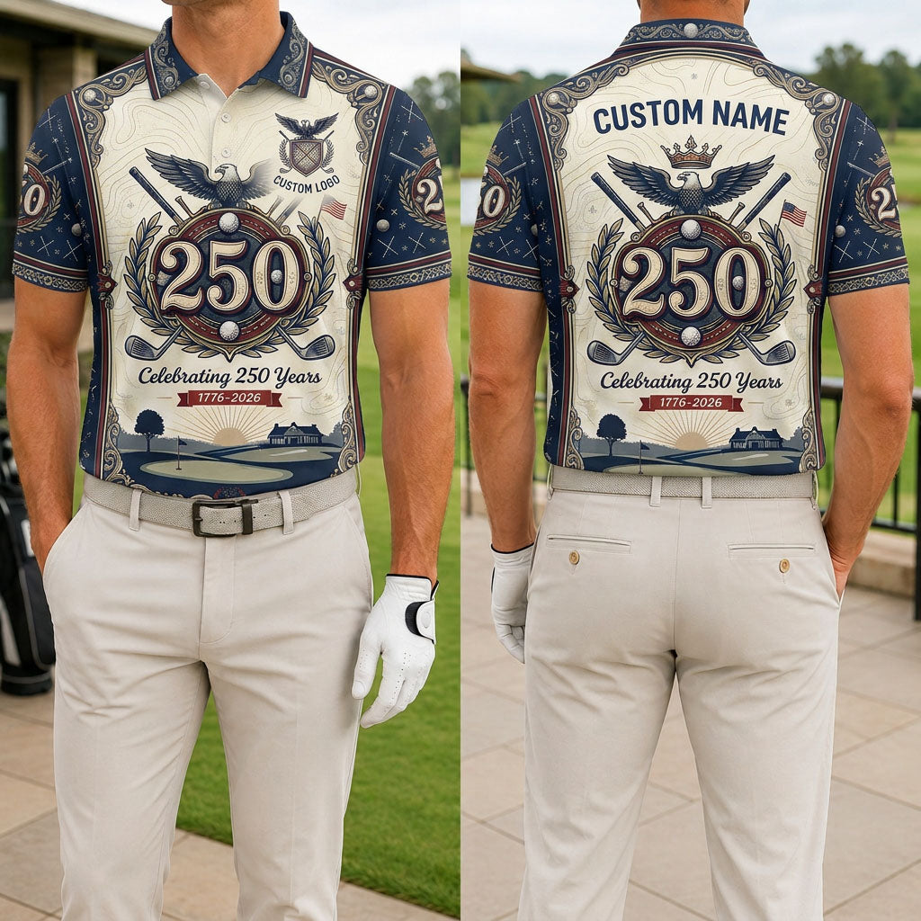 Front and back view of a personalized cream USA Eagle 250th crest polo showing the custom name printing area on the upper back panel.