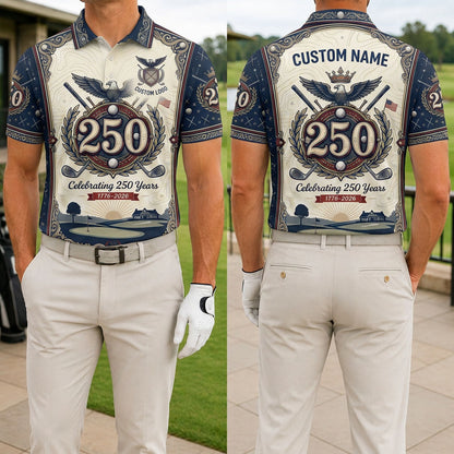 Front and back view of a personalized cream USA Eagle 250th crest polo showing the custom name printing area on the upper back panel.