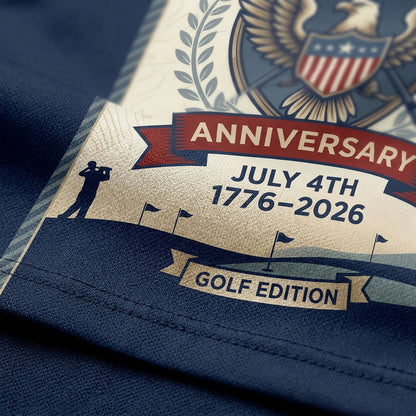 Close-up shot of the high-definition printed bald eagle crest, patriotic flag shield, big 250 digits, and anniversary text.