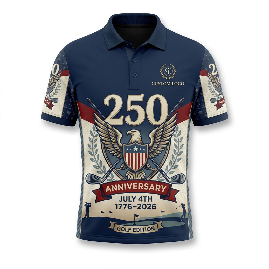 Front view of a navy and cream block USA Eagle Shield 250th Anniversary golf polo shirt with custom player name option badge.