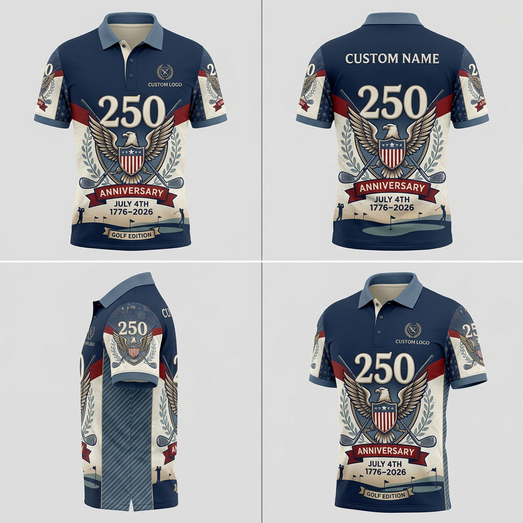 Multi-angle product display grid showcasing the navy-cream color block, graphic sleeve panels, and athletic tailored polo fit.