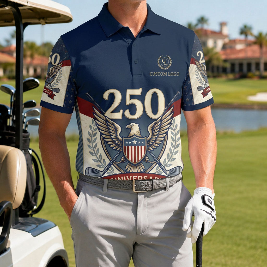 A male golfer wearing the customized USA Eagle Shield 250th polo standing proudly on a premium country club fairway green.
