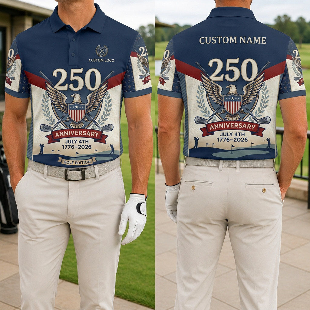Front and back view of a personalized USA Eagle Shield 250th polo showing the custom name printing area on the back.
