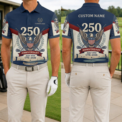 Front and back view of a personalized USA Eagle Shield 250th polo showing the custom name printing area on the back.