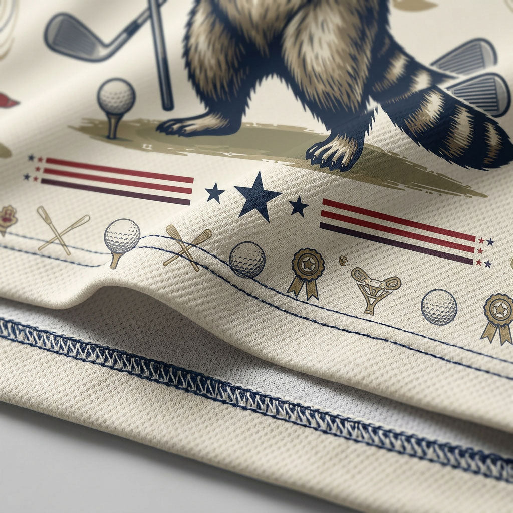 Close-up shot of the high-definition printed raccoon golfer, waving stars and stripes flag, and Feral Free retro typography.