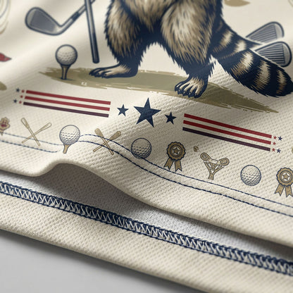 Close-up shot of the high-definition printed raccoon golfer, waving stars and stripes flag, and Feral Free retro typography.