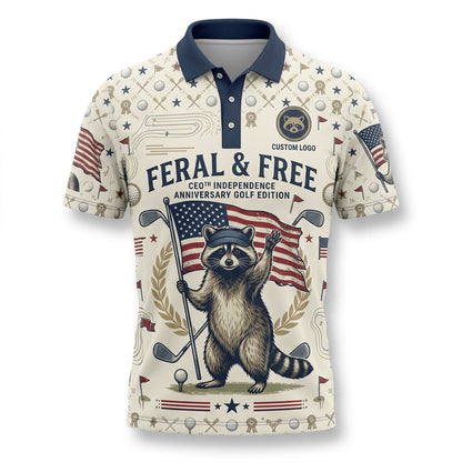 Front view of a vintage cream Feral Free raccoon with American flag topographic golf polo shirt with custom player name option.