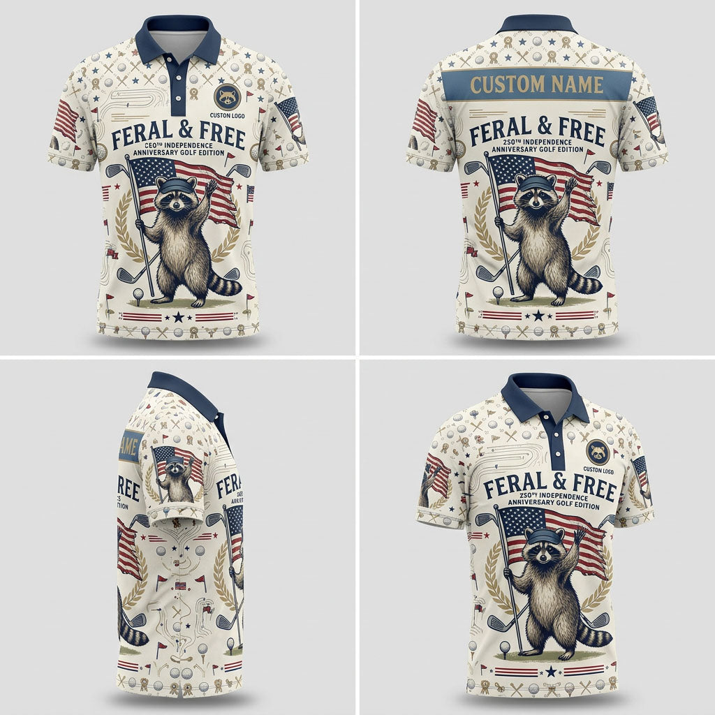 Multi-angle product display grid showcasing the cream topo backdrop, patriotic golf doodle layouts, navy collar, and athletic tailored fit.