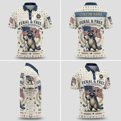 Multi-angle product display grid showcasing the cream topo backdrop, patriotic golf doodle layouts, navy collar, and athletic tailored fit.