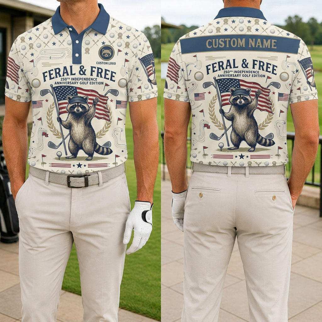 Front and back view of a personalized cream USA Faran Free raccoon polo showing the custom name printing area on the back.