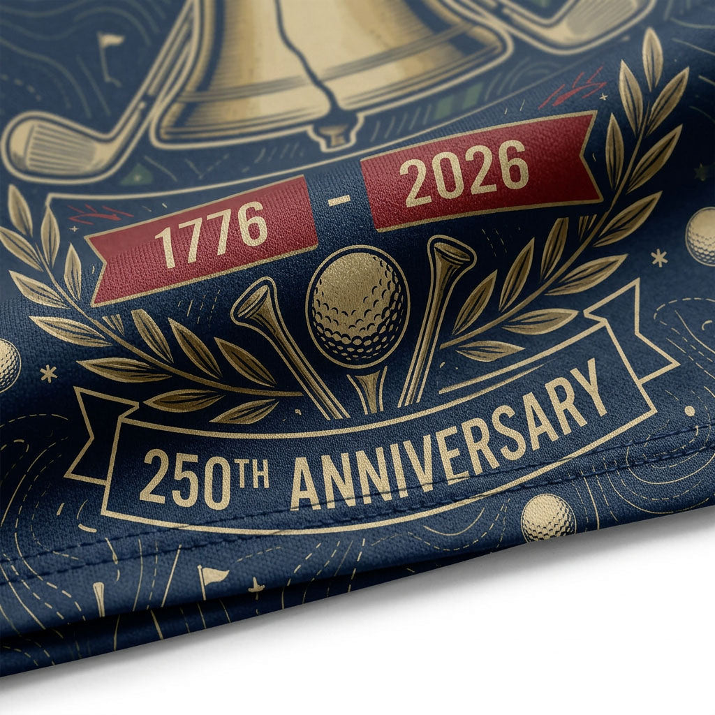 Close-up shot of the high-definition printed bronze Liberty Bell, bald eagle crest, 1776-2026 banner, and golf course blueprint patterns.