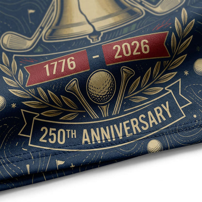Close-up shot of the high-definition printed bronze Liberty Bell, bald eagle crest, 1776-2026 banner, and golf course blueprint patterns.