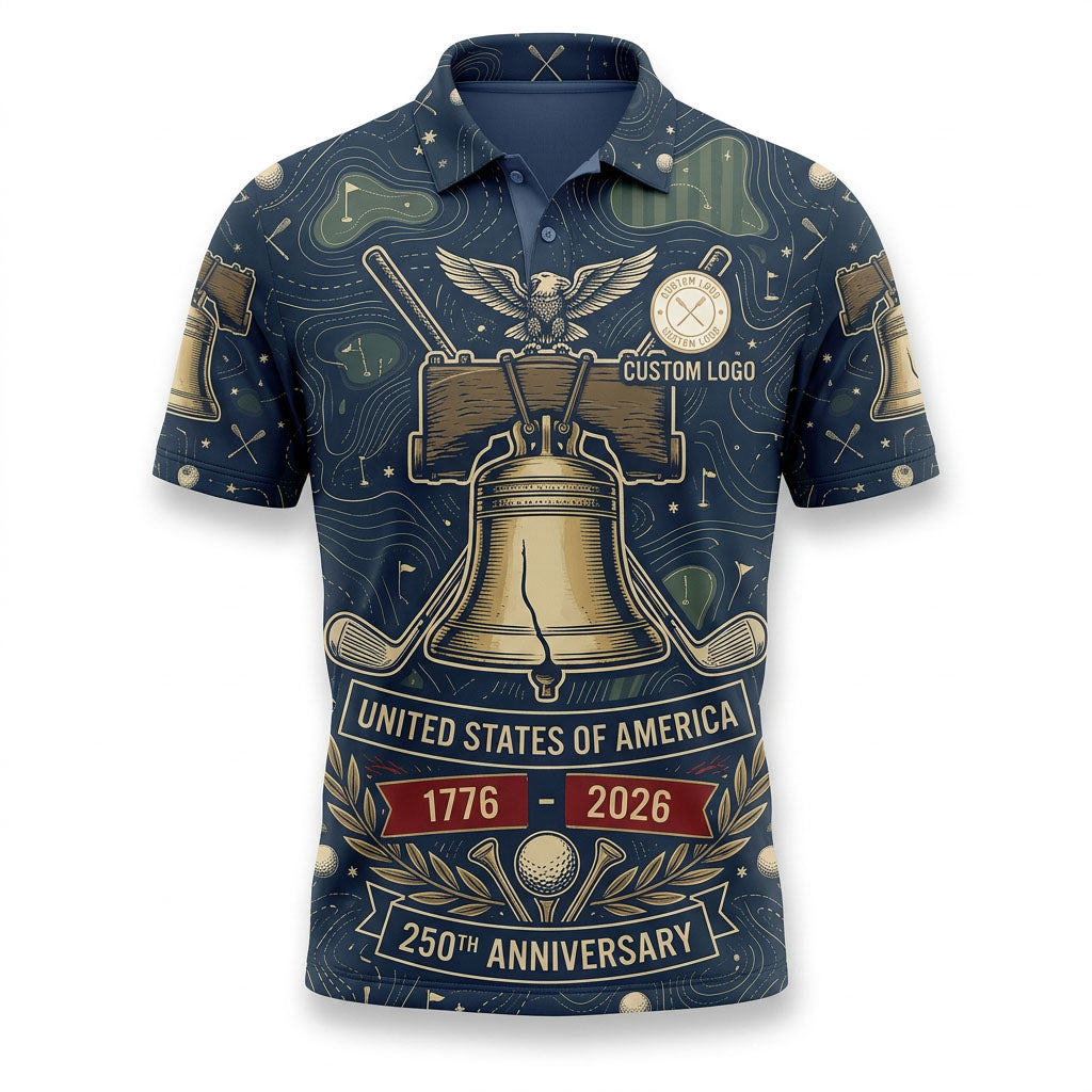 Front view of a deep navy vintage USA Liberty Bell and eagle topographic golf polo shirt with custom player name option badge.