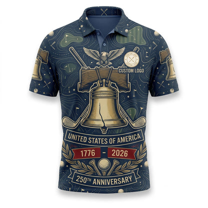 Front view of a deep navy vintage USA Liberty Bell and eagle topographic golf polo shirt with custom player name option badge.