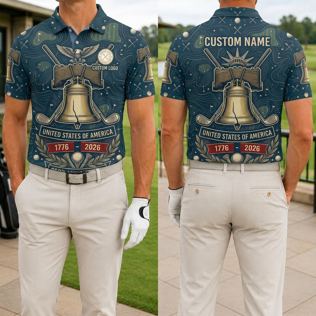 Front and back view of a personalized navy USA Liberty Bell topo polo shirt showing the custom name printing area on the back panel.