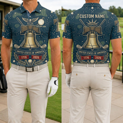 Front and back view of a personalized navy USA Liberty Bell topo polo shirt showing the custom name printing area on the back panel.