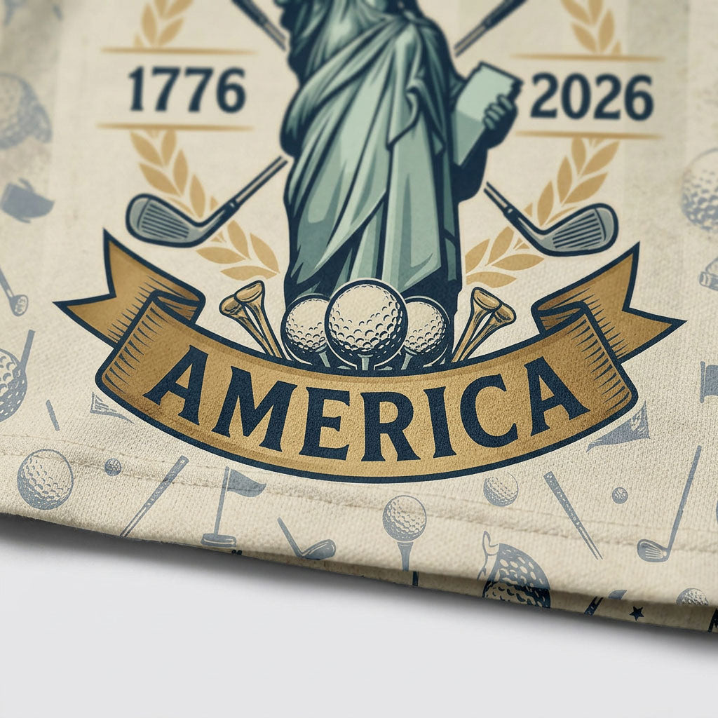 Close-up shot of the high-definition printed Statue of Liberty portrait, 1776 and 2026 typography, ribbon banner, and crossed golf clubs.