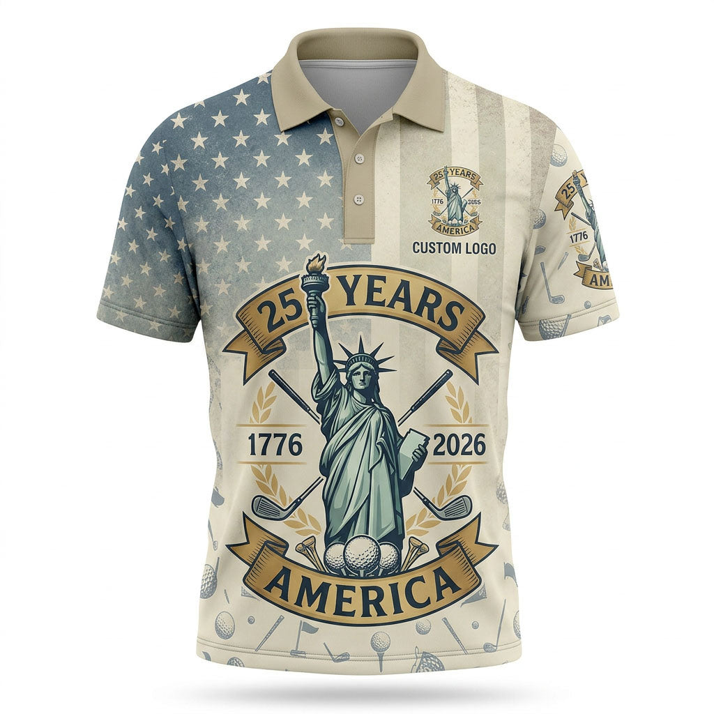 Front view of a vintage cream USA Liberty Statue 1776-2026 anniversary topographic golf polo shirt with custom player name option badge.